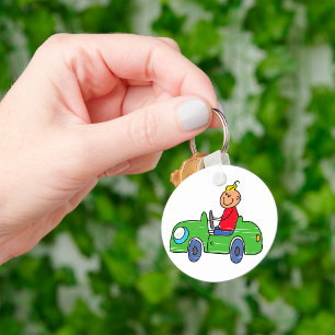 Cute Kid Driving Grönt Car Childrens Illustration Nyckelring