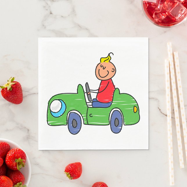 Cute Kid Driving Grönt Car Childrens Illustration Pappersservett (Skapare uppladdad)