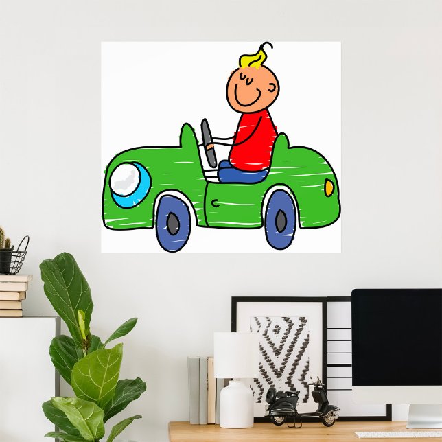 Cute Kid Driving Grönt Car Childrens Illustration Poster (Skapare uppladdad)