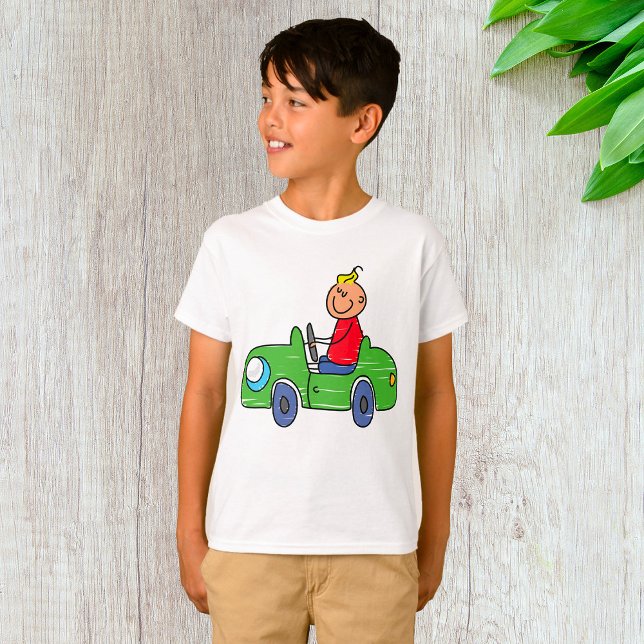 Cute Kid Driving Grönt Car Childrens Illustration T Shirt (Skapare uppladdad)