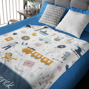 Cute Kid Mönster Photo och Namn Boy Blue Fleecefilt