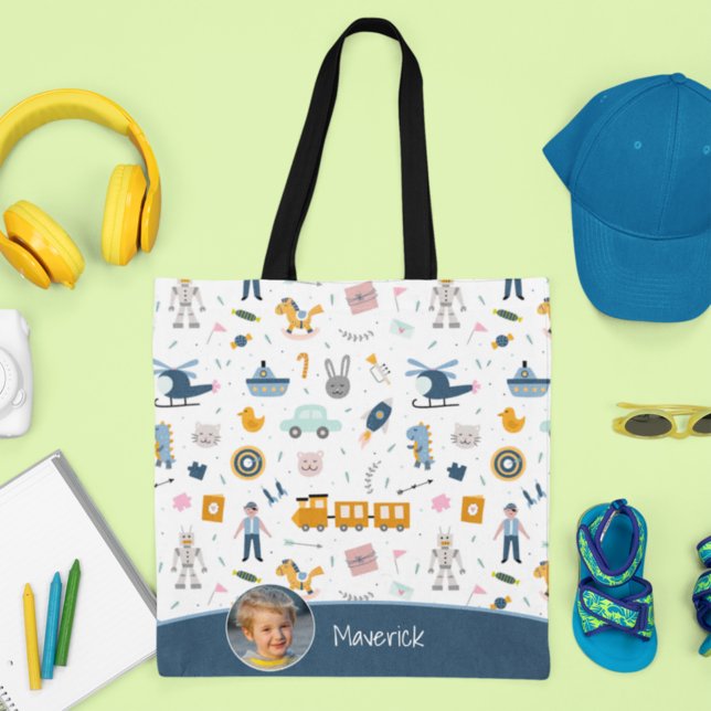 Cute Kid Mönster Photo och Namn Boy Blue Shopping Tygkasse (Skapare uppladdad)