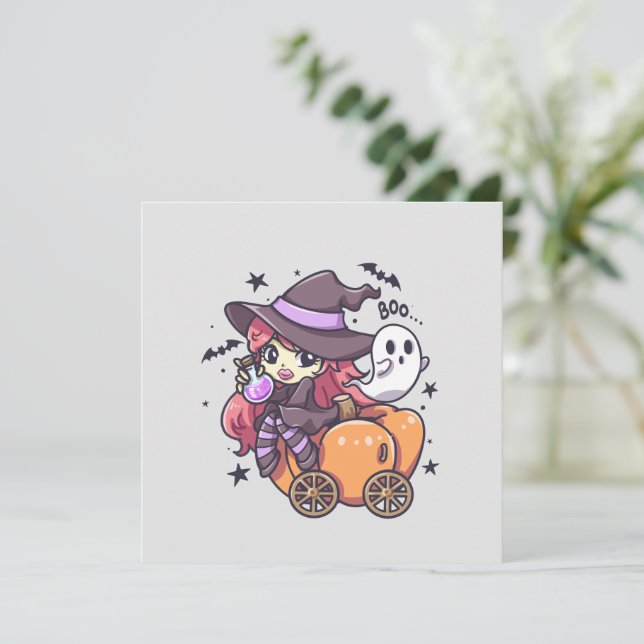 Cute Kid Witch Sitta på en Pumpkin Car (Stående Fram)