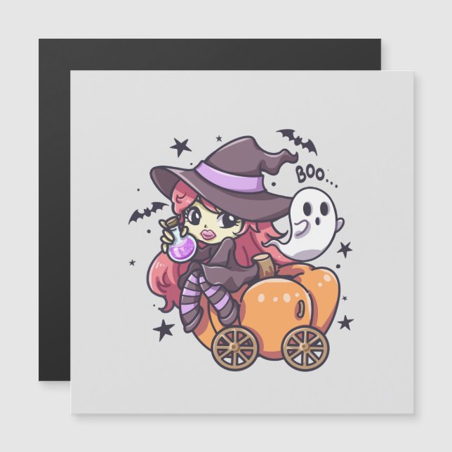 Cute Kid Witch Sitta på en Pumpkin Car (Fram/baksida)