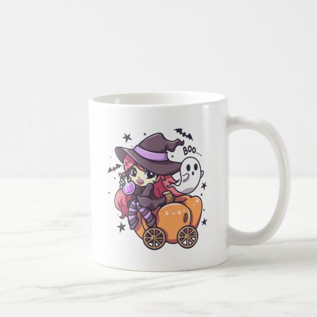 Cute Kid Witch Sitta på en Pumpkin Car Kaffemugg (Höger)