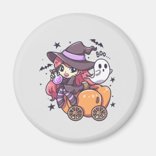Cute Kid Witch Sitta på en Pumpkin Car Magnet (Framsidan)