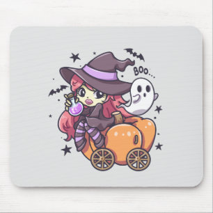Cute Kid Witch Sitta på en Pumpkin Car Musmatta