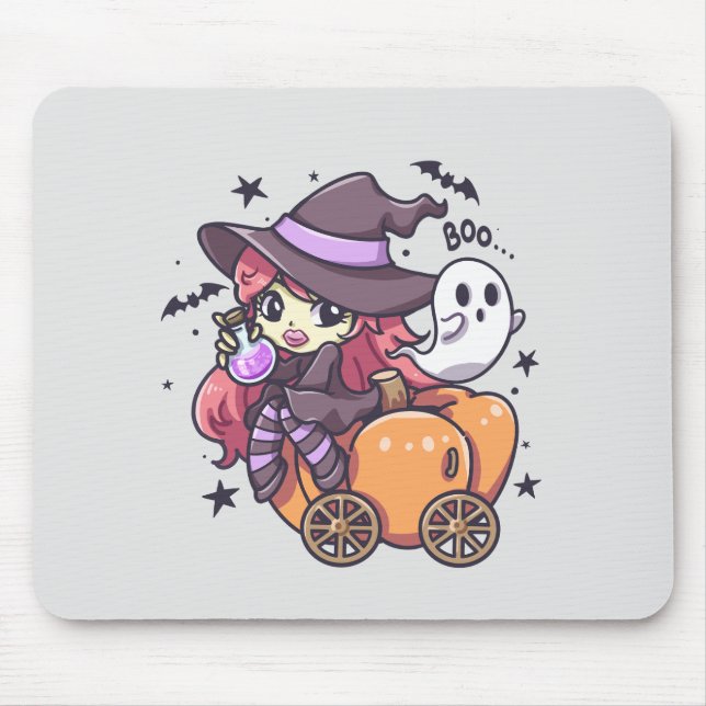 Cute Kid Witch Sitta på en Pumpkin Car Musmatta (Framsidan)