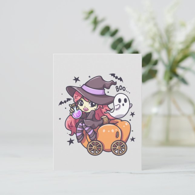 Cute Kid Witch Sitta på en Pumpkin Car Vykort (Stående Fram)