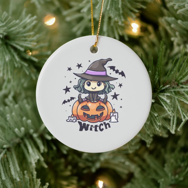 Cute Kid Witch Sitta på en Pumpkin - "Witch" Julgransprydnad Keramik (Träd)