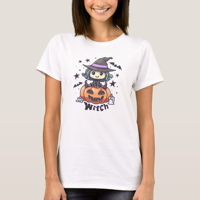 Cute Kid Witch Sitta på en Pumpkin - "Witch" T Shirt (Framsida)