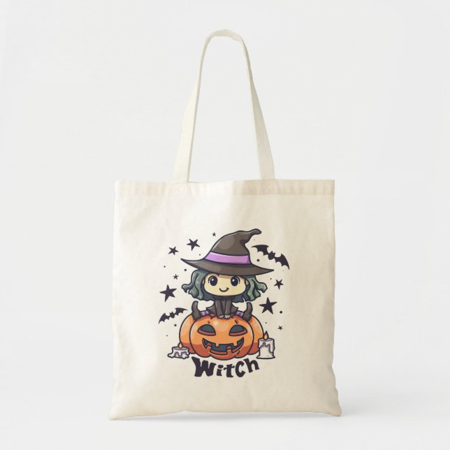 Cute Kid Witch Sitta på en Pumpkin - "Witch" Tygkasse (Framsidan)