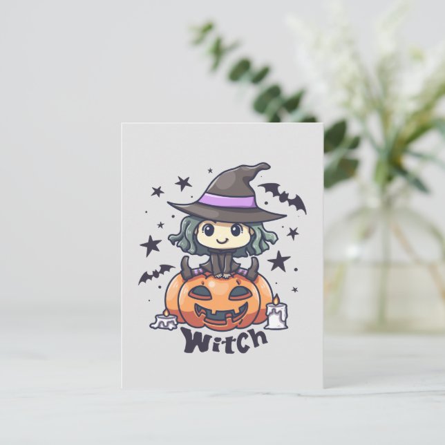 Cute Kid Witch Sitta på en Pumpkin - "Witch" Vykort (Stående Fram)