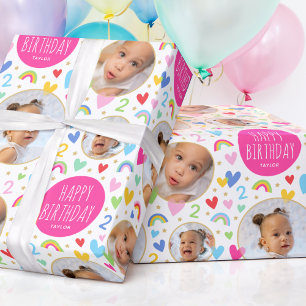 Cute Kids 2:a födelsedag: Rainbow Photo Hearts Ros Presentpapper