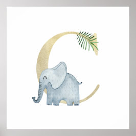 Cute Kids Animal Elephant Monogram C Nursery Poster