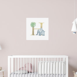 Cute Kids Animal ELEPHANT Monogram H Nursery Poster