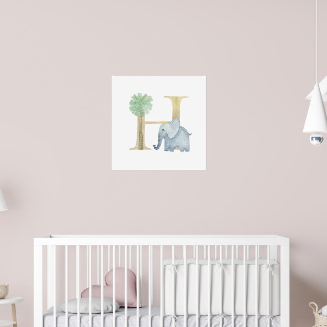 Cute Kids Animal ELEPHANT Monogram H Nursery Poster (Barnkammare 2)