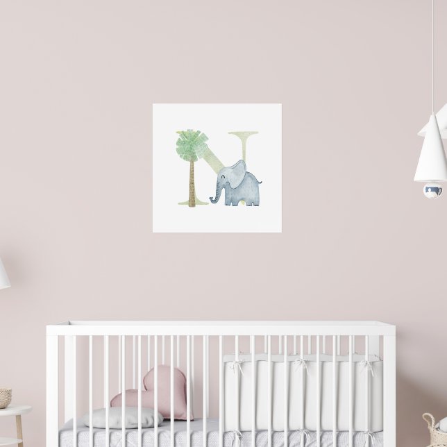 Cute Kids Animal ELEPHANT Monogram N Nursery Poster (Barnkammare 2)