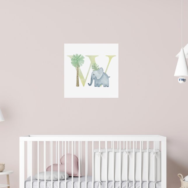 Cute Kids Animal ELEPHANT Monogram W Nursery Poster (Barnkammare 2)