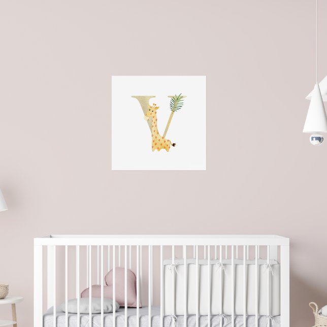 Cute Kids Animal Giraffe Monogram V Nursery Poster (Barnkammare 2)