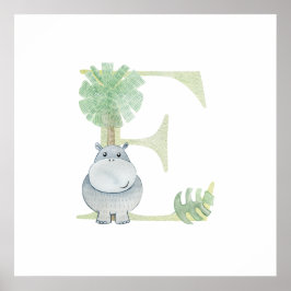 Cute Kids Animal HIPPO Monogram E Nursery Poster
