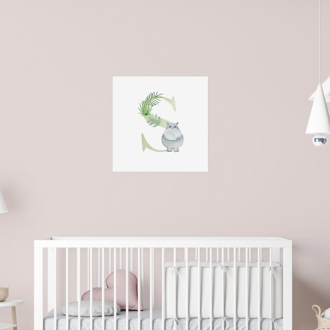 Cute Kids Animal HIPPO Monogram S Nursery Poster (Barnkammare 2)