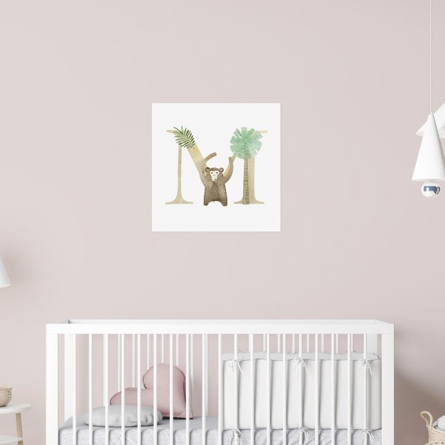 Cute Kids Animal MONKEY Monogram M Nursery Poster (Barnkammare 2)