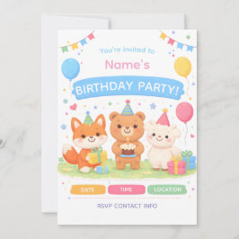 Cute Kids Birthday Invitation | Pastel Animal Birt Inbjudningar