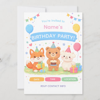 Cute Kids Birthday Invitation | Pastel Animal Birt Inbjudningar