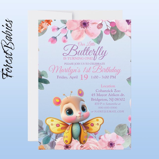 Cute Kids Blommigt Butterfly för flicka födelsedag Inbjudningar (Butterfly Girl 🦋 Pink Floral 🌸 ForestBabies Customizable Birthday Party Invitation - Front)