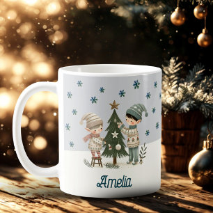 Cute Kids Decorerar Chistmas Träd Teckning Namn Kaffemugg