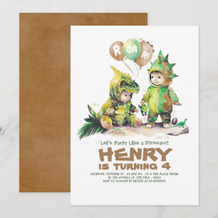 Cute Kids Dinosaur Birthday Grönt & Brown Inbjudningar