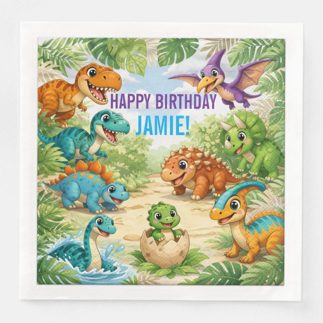 Cute Kids Dinosaur Birthday Pappersservett (Framsida)