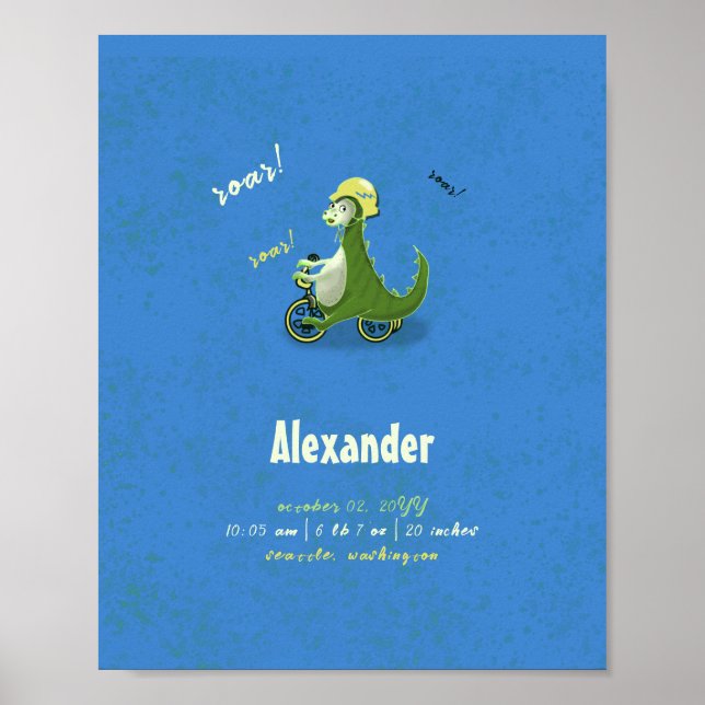 Cute Kids Grönt Dinosaur på Trike Boy Birth Stats Poster (Framsidan)