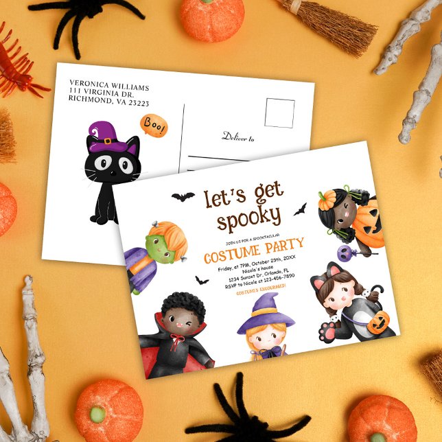 Cute Kids Halloween Costume Party Spooky Inbjudan Vykort (Cute Kids Halloween Costume Party Spooky Invitation Postcard)