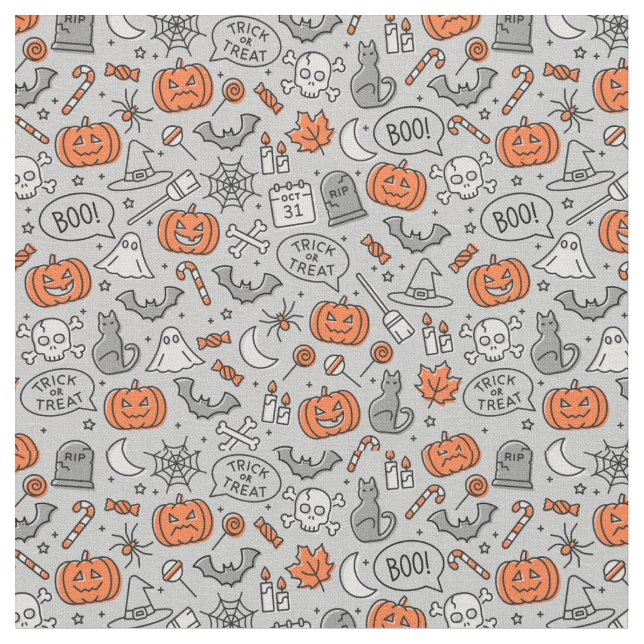Cute Kids Halloween Doodle Mönster Tyg (Närbild)