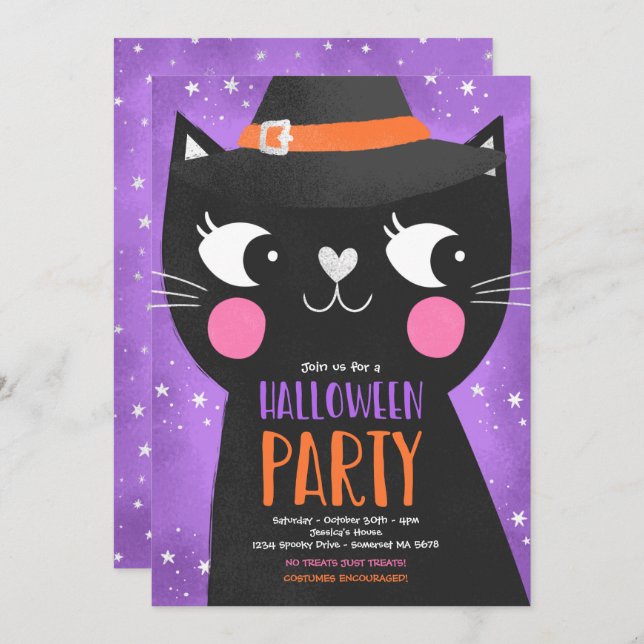 Cute Kids Halloween fest Witches Cat Spooky Inbjudningar (Fram/baksida)