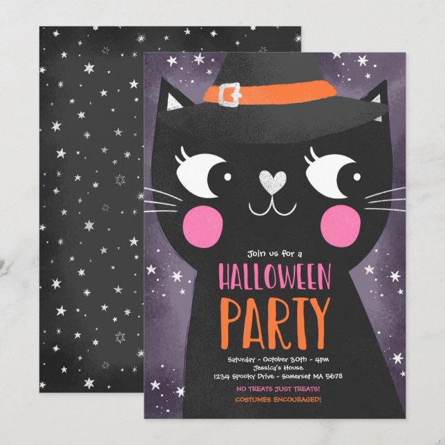 Cute Kids Halloween fest Witches Cat Spooky Inbjudningar (Fram/baksida)