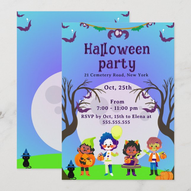 Cute Kids Halloween Party Invitation Inbjudningar (Fram/baksida)