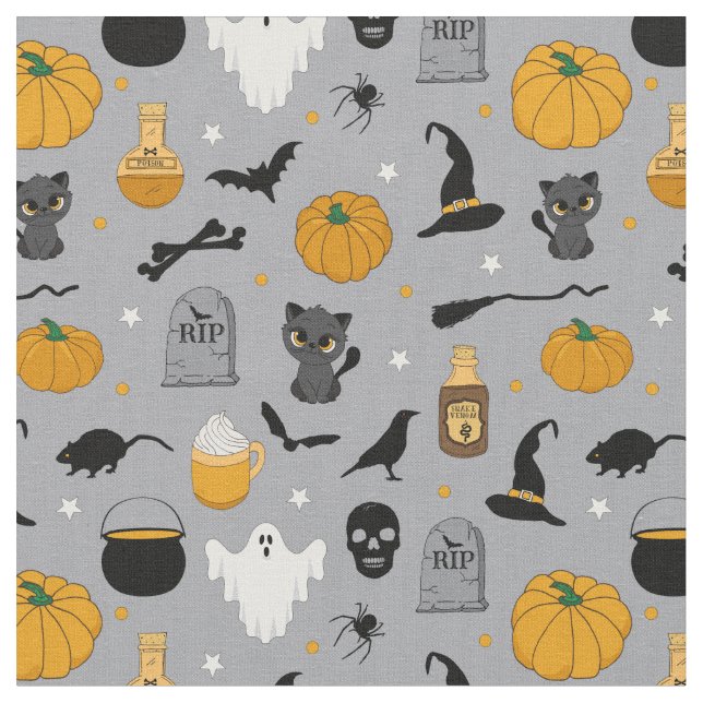 Cute Kids Halloween Patterned Grått Tyg (Närbild)