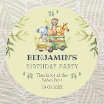 Cute Kids Jungle Safari Birthday Tack Runt Klistermärke<br><div class="desc">Anpassa den här Cute Safari Animal Tack Sticker till ditt barns Namn och lägg till en Cute Touch till deras favoriter i Födelsedagsfesten. Den söta vattenfärgen Lejon,  Elephant och Giraffe på en Roligt Safari Äventyr,  mot bakgrund av Pastel Grönt,  är perfekt för barn som kärlek Jungle Animals.</div>
