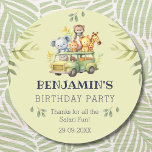 Cute Kids Jungle Safari Birthday Tack Runt Klistermärke<br><div class="desc">Anpassa den här Cute Safari Animal Tack Sticker till ditt barns Namn och lägg till en Cute Touch till deras favoriter i Födelsedagsfesten. Den söta vattenfärgen Lejon,  Elephant och Giraffe på en Roligt Safari Äventyr,  mot bakgrund av Pastel Grönt,  är perfekt för barn som kärlek Jungle Animals.</div>