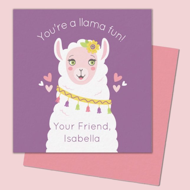 Cute Kids Llama Valentine Anteckningskort (A cute llama valentines day mini 2.5x2.5 card. Perfect for a kids classroom exchange.)