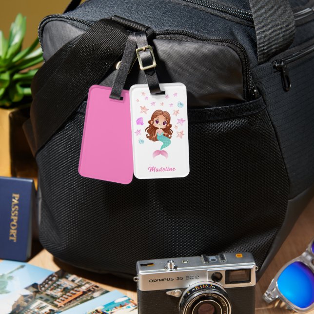 Cute Kids Mörk Hair Sjöjungfru Namn Bagagebricka (Fram & Baksida)