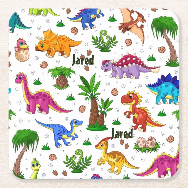 Cute Kids Namn Seamless Mönster Dinosaur Underlägg Papper Kvadrat (Framsidan)