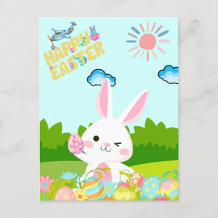 Cute Kids Nature Grönt Bunny Egg Glad påsk Helg Vykort