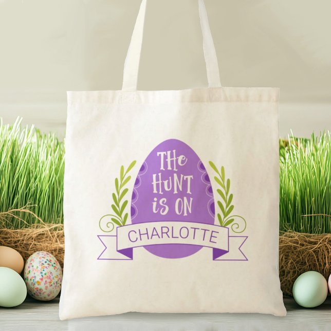 Cute Kids Påskägg Hunt Tote Bag Tygkasse (A cute purple Easter egg hunt tote bag. Personalize it with your name.)