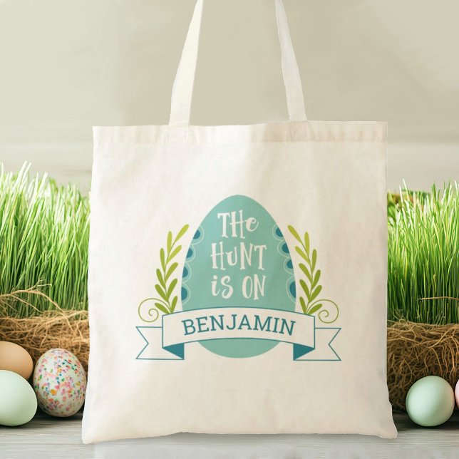 Cute Kids Påskägg Hunt Tote Bag Tygkasse (A cute blue Easter Egg hunt tote bag. Personlize it with your name.)