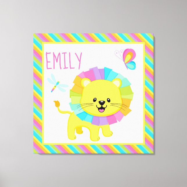 Cute Kids Rainbow Lejon på färgfläckig Rand Mönste Canvastryck (Framsida)