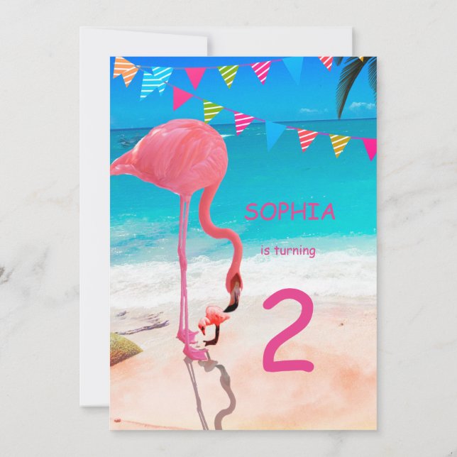 Cute Kids Rosa Blue Flamingo Beach Birhtday Inbjudningar (Baksida)